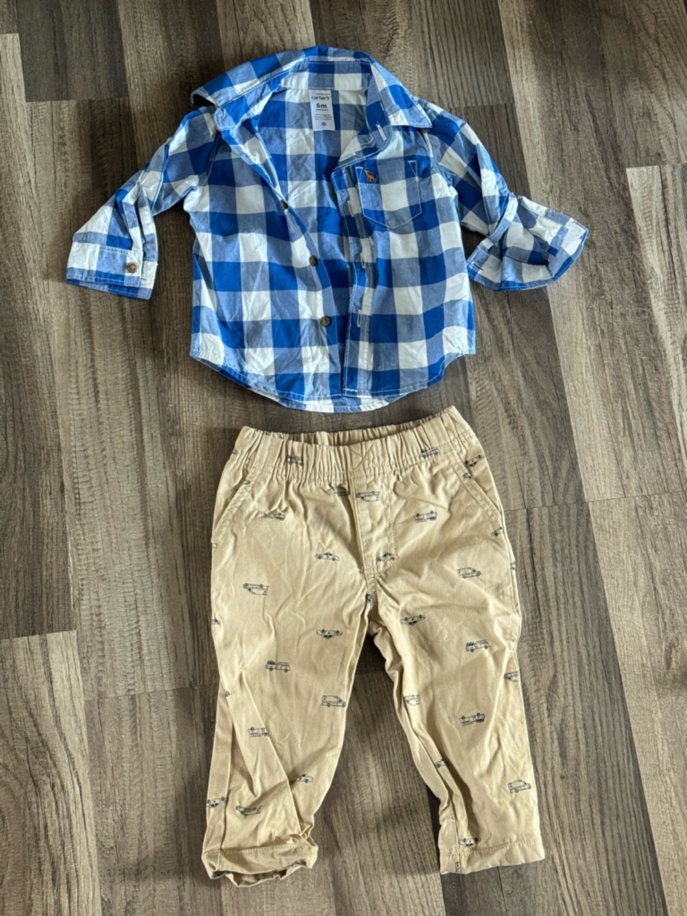 Carter's Blue and White Plaid Button-Up Shirt with Khaki Car Print Pants - Picture 1 of 4